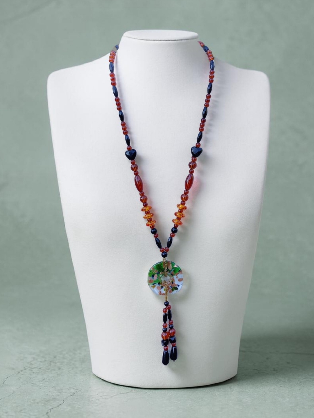 Artisan Amber, Dichroic Art Glass And Lucite Long Tassel Necklace